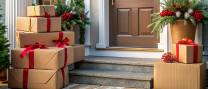 Outdoor view of holiday decorated front door and porch with 7 isolated stacked packages