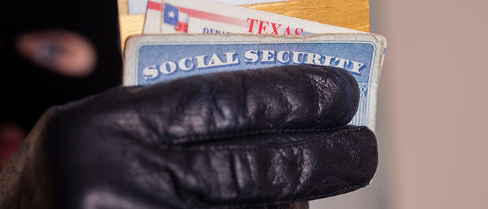 Close-up of gloved hand holding various forms of ID cards, i.e. Driver's License, Social Security Card, etc.