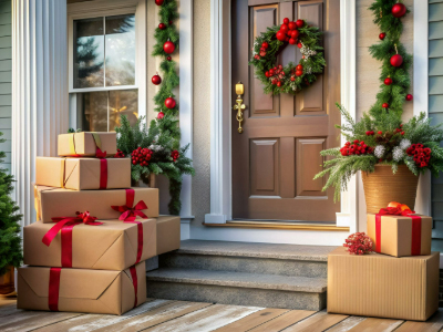 Outdoor view of holiday decorated front door and porch with 7 isolated stacked packages.